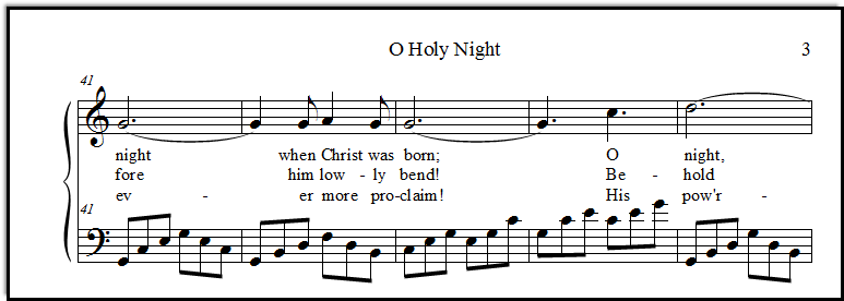 O Holy Night, a closeup look at the left hand broken chords on the final page of the piano arrangement at Music-for-Music-Teachers.com