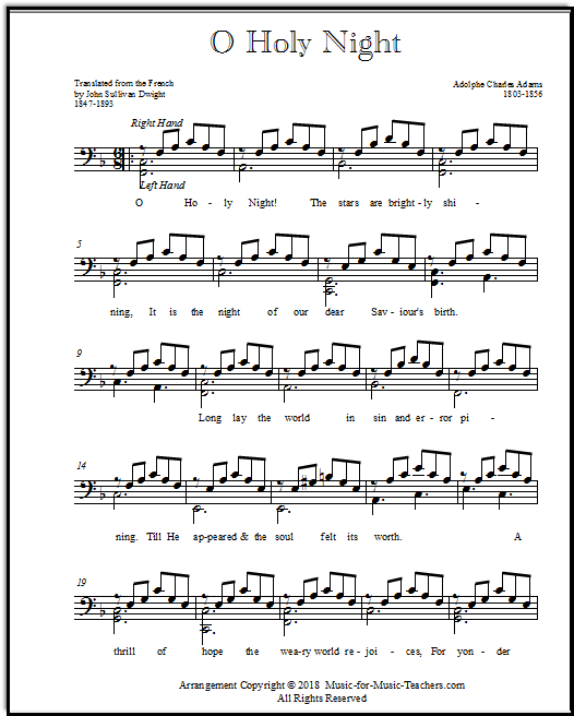 A secondo duet part to accompany "O Holy Night" easy piano solo.  This secondo arrangement is full of continuous broken chords and chord inversions.