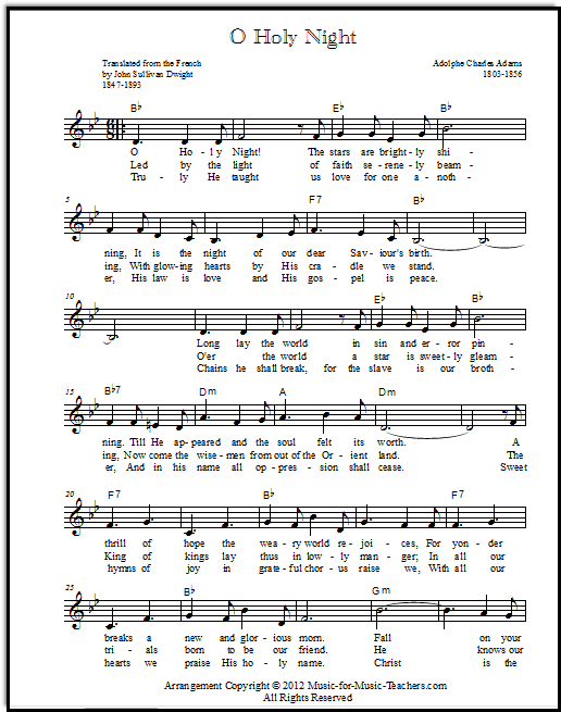 Oh Holy Night sheet music, lead sheet in Bb, with chord symbols above, at Music-for-Music-Teachers.com