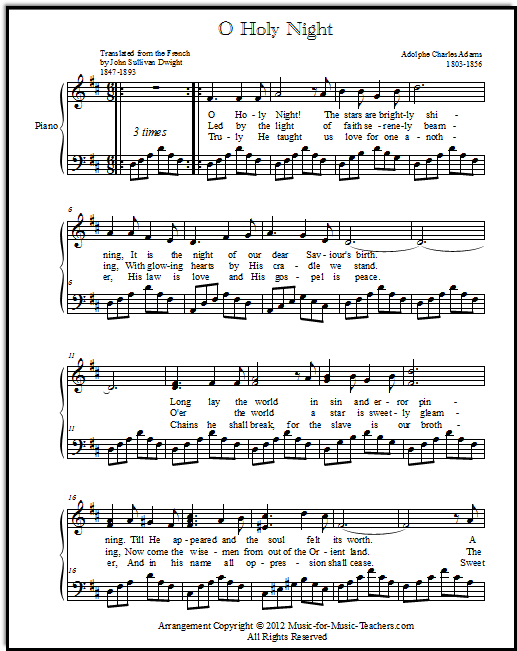 Oh Holy Night sheet music for piano with long broken chords in the left hand, in the key of D