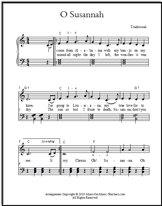 O Susannah piano arrangement with solid chords in the left hand