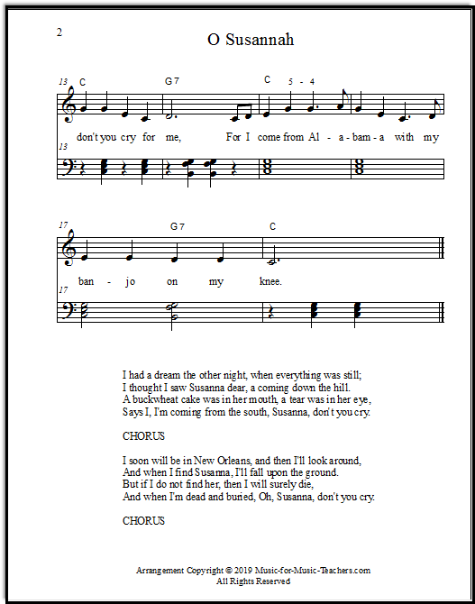 O Susannah piano arrangement with solid chords in the left hand, page two.