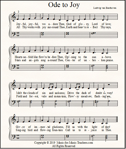 "Joyful, joyful, we adore Thee, God of glory, Lord of love" lyrics with a simple piano arrangement of Ode to Joy in C.