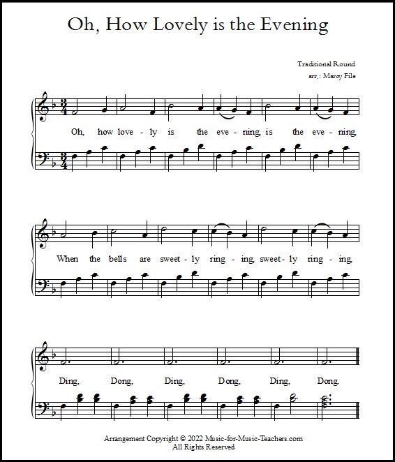 Piano sheet music for the round Oh How Lovely is the Evening