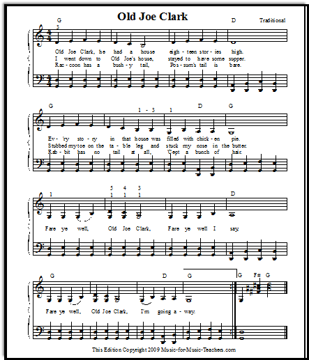 Old Joe Clark for piano with a boogie left hand chord pattern