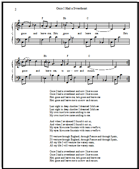 Appalachian love song "Once I Had a Sweetheart", free vocal sheet music, American folk music