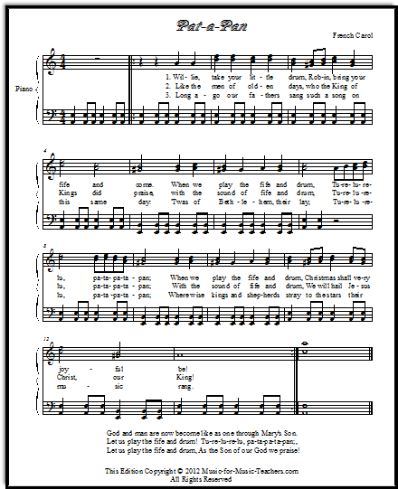 Pat-a-Pan, a French Christmas song.  This Christmas sheet music is FREE!