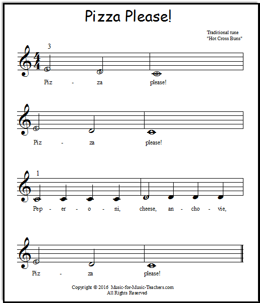 Keyboard music notes "Pizza Please", to the tune of "Hot Cross Buns" with helper notes, for piano students