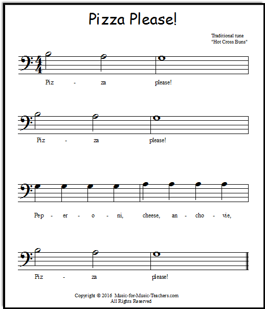 Left hand keyboard music notes "Pizza Please", to the tune of "Hot Cross Buns"