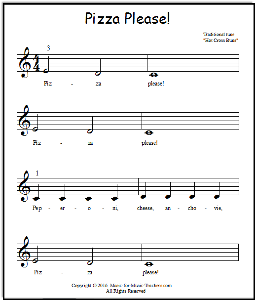 Keyboard music notes "Pizza Please" for beginner piano