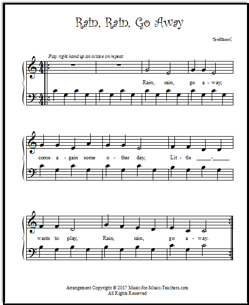 Rain, rain, go away.  An arrangement for piano.