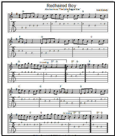 Free fiddle music and guitar tabs "Redhaired Boy" with extra notes at the ending.
