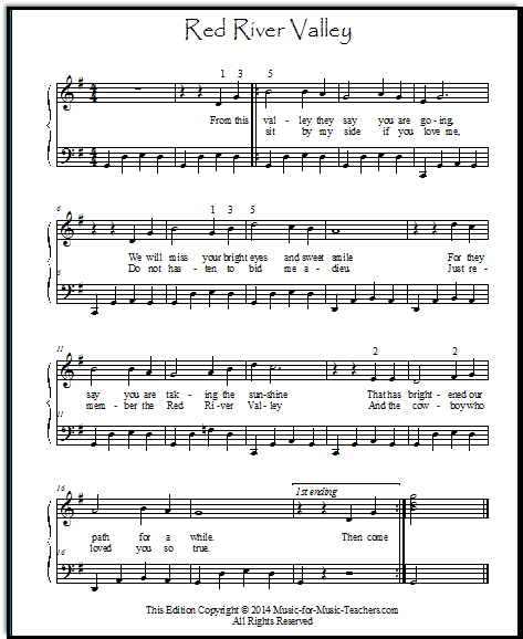 Red River Valley piano sheet music, alternate melody. This is a very sweet tune. Includes the broken chord left hand pattern.