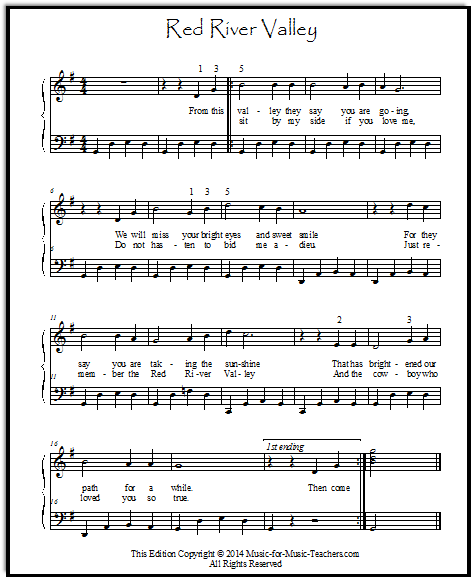 Red River Valley piano sheet music, for intermediate piano. This is a full-sounding two-handed arrangement of this Western-style song, with broken chords in the left hand.