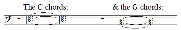 C and G chord triads, tied dotted half notes
