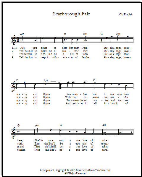 Scarborough Fair lyrics in lead sheets for treble instruments and voice