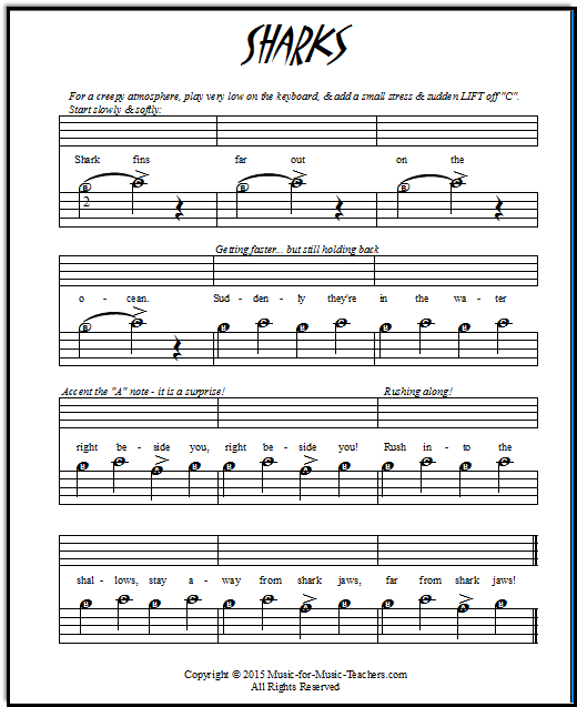 Jaws theme song "Sharks" for piano, with letters inside the notes