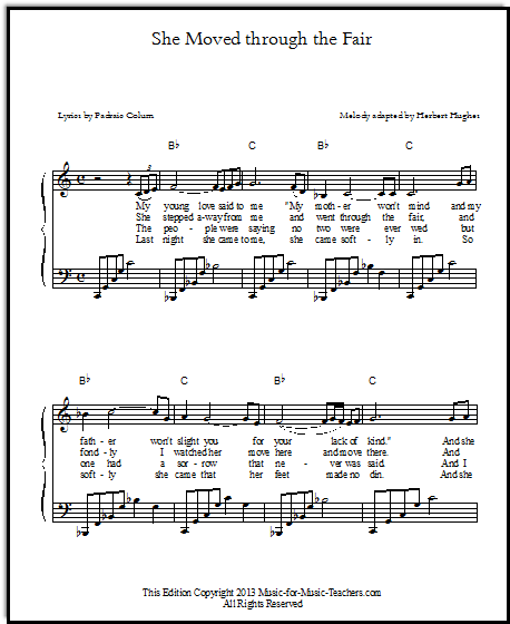 Piano sheet music for Celtic music She Moved Through the Fair, with flowing left hand chords