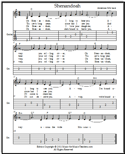 Shenandoah for Voice or Guitar, with Free Lead Sheets and Guitar Tabs