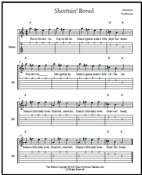 Shortnin' Bread American traditional song, with easy guitar tabs & free fiddle sheet music, FREE!