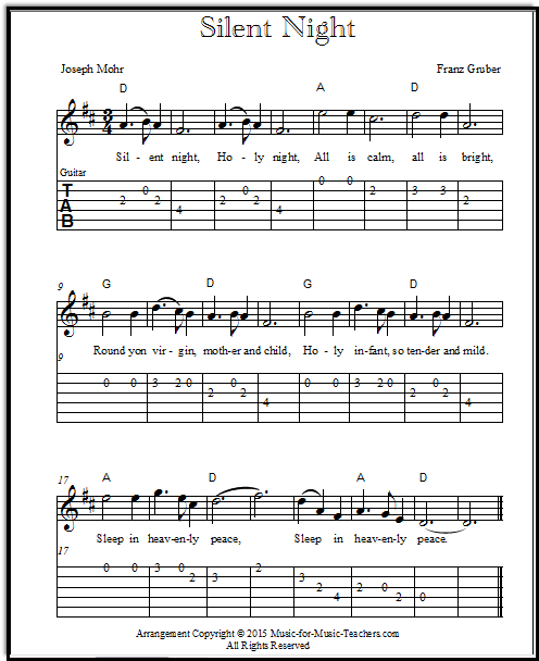 Silent Night chords and melody for guitar with guitar tabs and Silent Night lyrics, in the keys of D and A