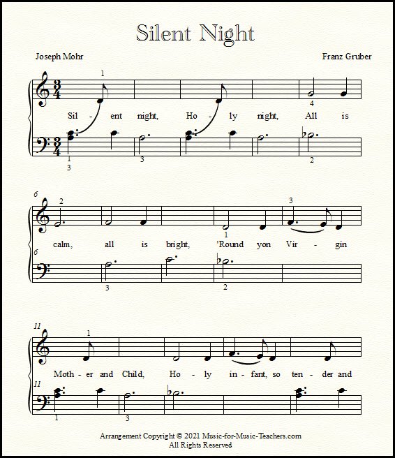 Silent Night with easy harmony for beginning piano