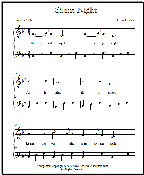 Piano sheet music "Silent Night" for intermediate piano.