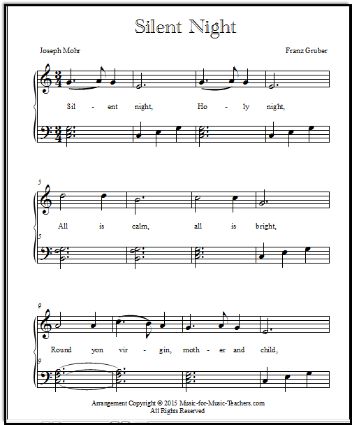 Silent Night music for easy piano, free