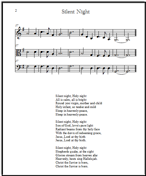 Silent Night music sheet for beginning string trio in the key of G, with the lyrics in English
