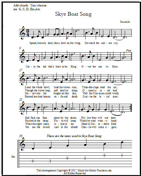 Skye Boat Song with note-reading guide for guitarists