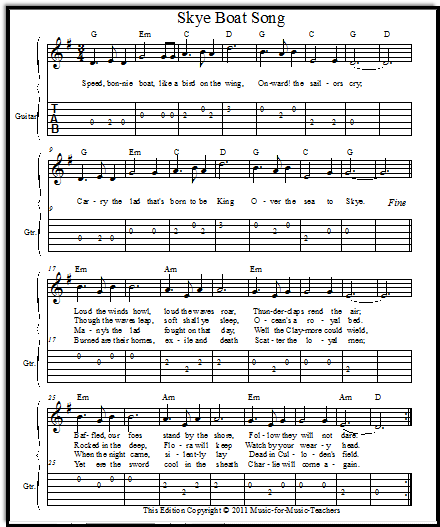 Skye Boat Song, from Scotland, with chords and guitar tabs