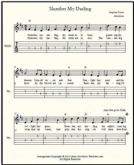 Sheet music and guitar tabs and chords for "Slumber My Darling," a pretty lullaby