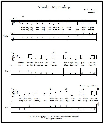 free guitar acoustic tablature for Stephen Foster song