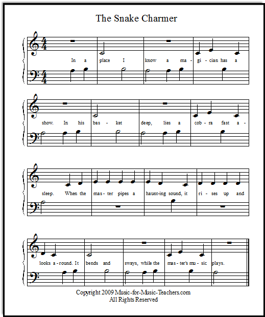 Snake Charmer song for piano beginners at Middle C position