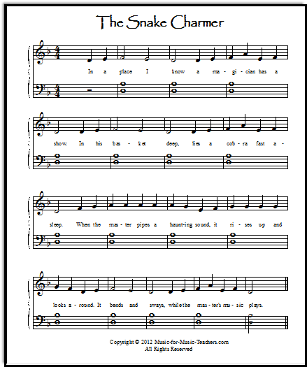 The Snake Charmer for piano, with new and more polite lyrics that are fun to sing, about a snake in a basket and its master, the snake charmer. Mysterious sounding.