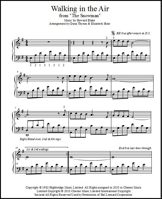 Page 1 of the piano solo sheet music "The Snowman Theme: Walking in the Air"
