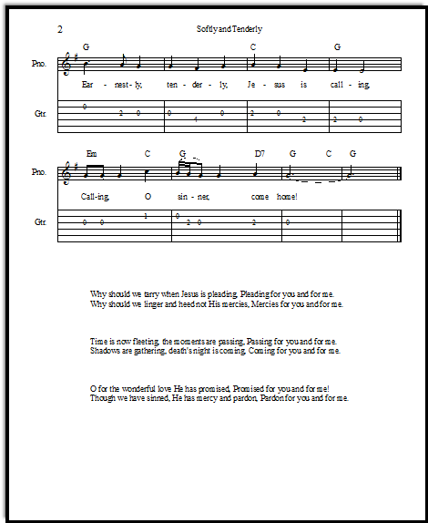 guitar tabs for free hymn sheet music Softly and Tenderly