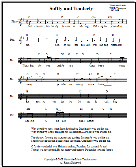 Softly and Tenderly free hymn sheet music