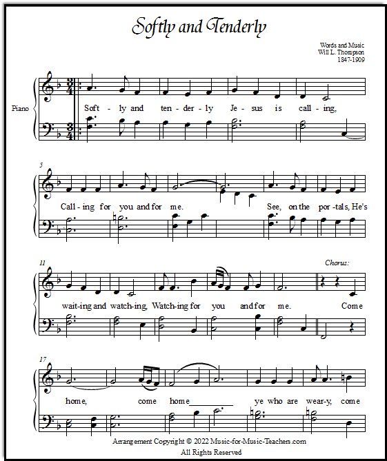 Free hymn sheet music for piano Softly & Tenderly