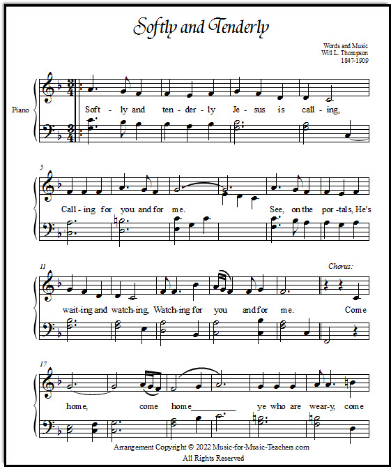 Free hymn sheet music for piano Softly & Tenderly