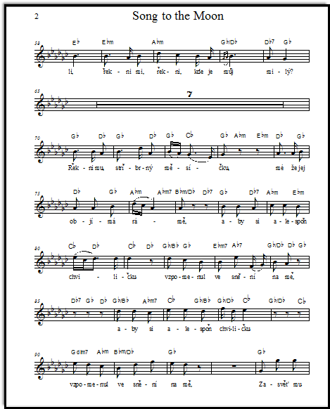 Song to the Moon from opera Rusalka, lead sheet for singer