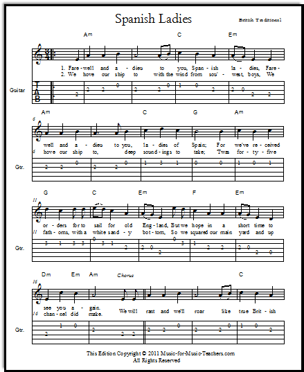 Easy guitar tabs for Spanish Ladies