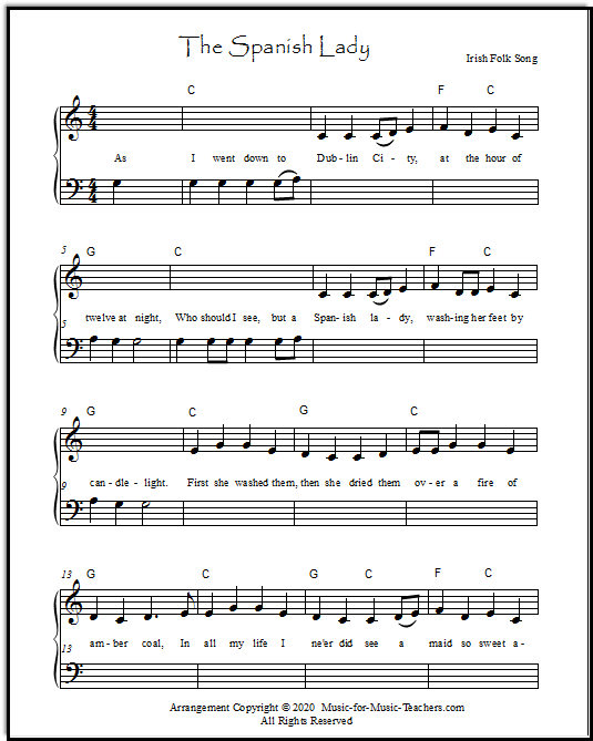 Sheet music for Spanish Lady, arranged for piano