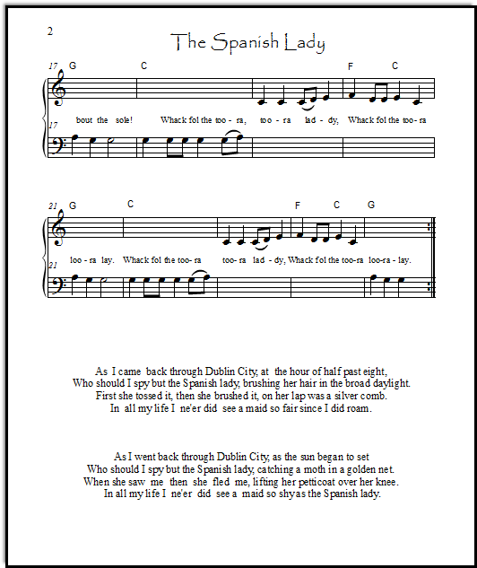 Middle C piano arrangement of The Spanish Lady, an Irish song