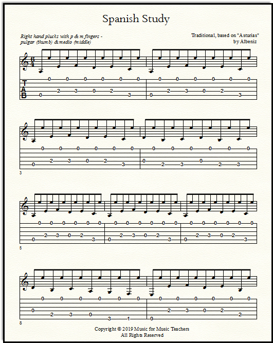 Spanish Study for guitar, with standard treble clef notation and also guitar tablature.