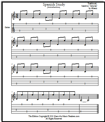 Spanish study with guitar tabs for beginner guitar students