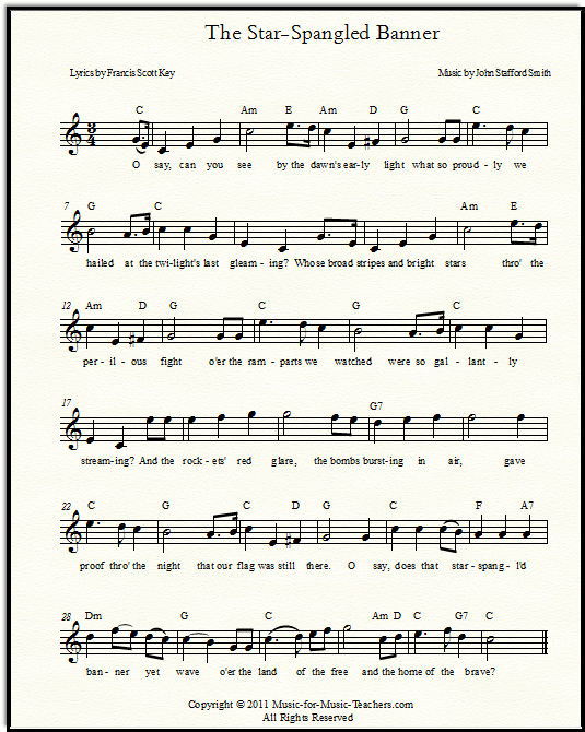 Star-Spangled Banner lead sheet i C, til flere instrumenter eller stemme.