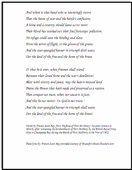 Star-Spangled Banner lyrics all 4 verses, page 2, Music-for-Music-Teachers.com