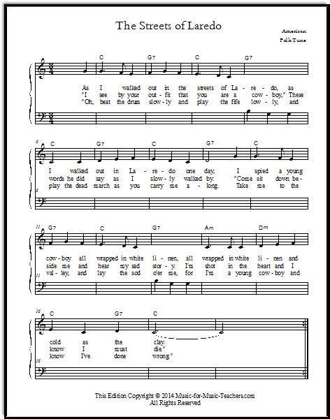 Free piano sheets online Streets of Laredo in 3 different arrangements! For early beginner, late elementary or early intermediate piano students.