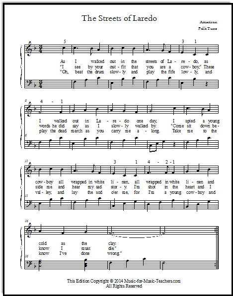 Easy piano song Streets of Laredo for late elementary piano students